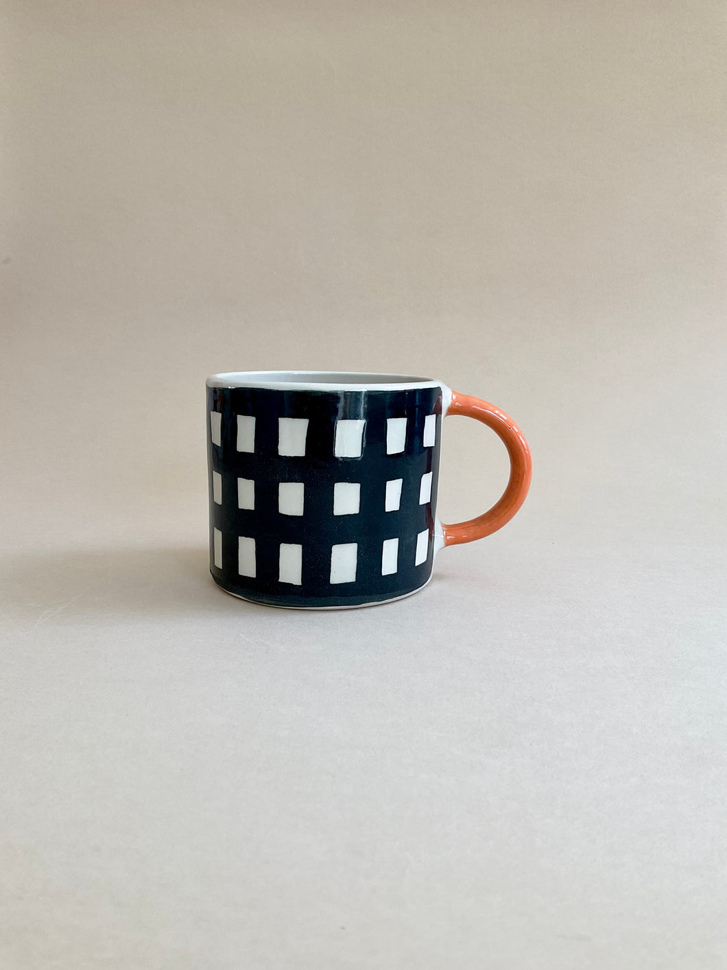 Monochrome Gingham Mug - Orange Handle